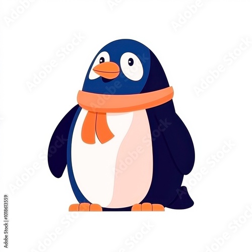 A cartoon penguin wearing an orange scarf stands cheerfully against a white background, This image is ideal for children's books, educational materials, or fun winter-themed content, photo