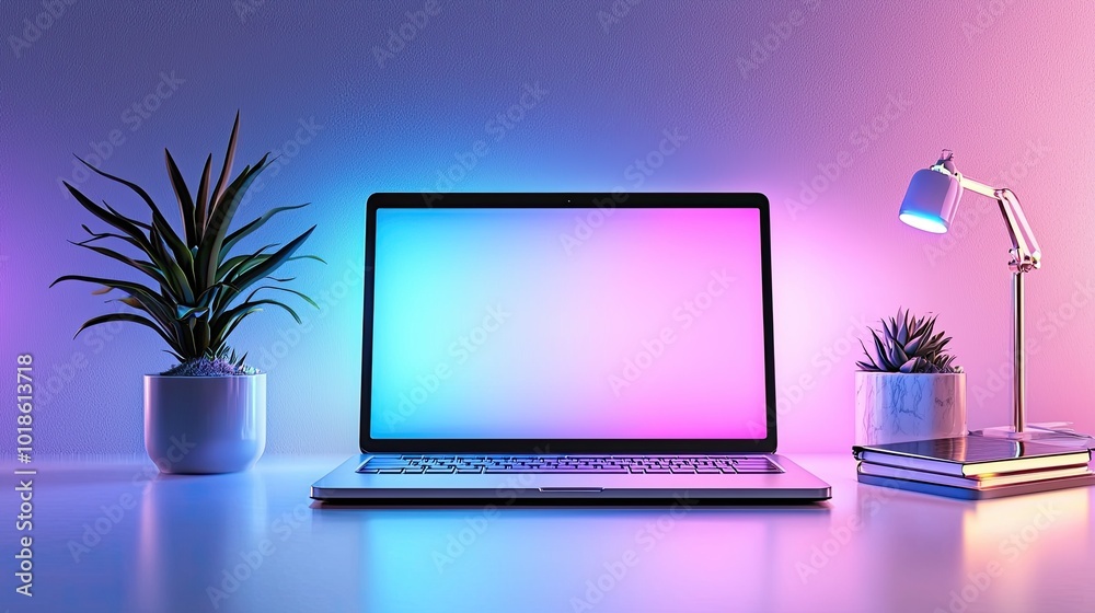 Stylish laptop setup with glowing tech screen and sleek office environment, perfect for modern tech workspaces Stylish laptop setup with glowing tech screen and sleek office environment, perfect for modern tech workspaces