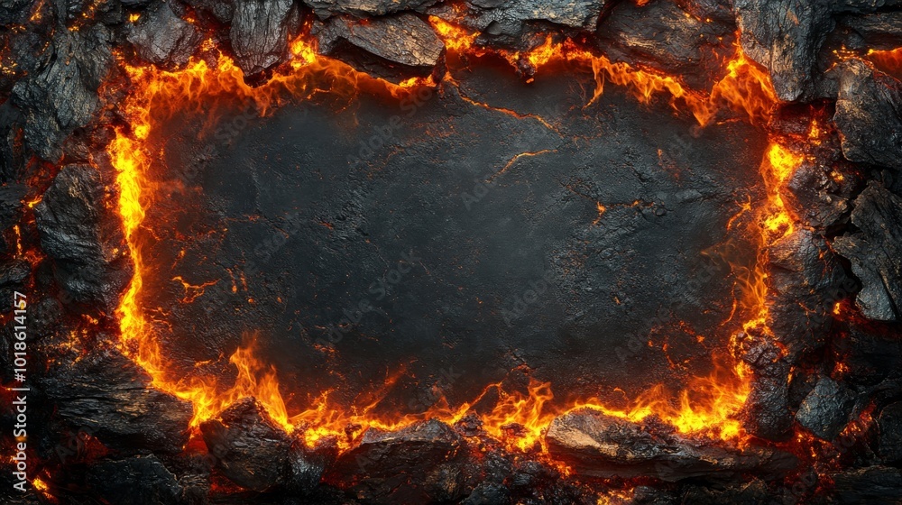 Fiery Lava Rock Frame Surrounding a Dark Gray Surface Fiery Lava Rock Frame Surrounding a Dark Gray Surface