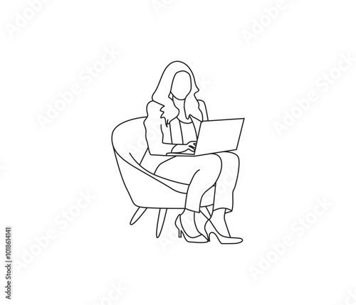  vector line art of a sitting woman working on a laptop in the office