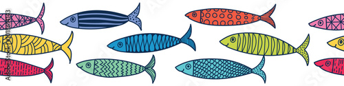 Vector seamless horizontal border with fish. Cute illustration.  Sardines.