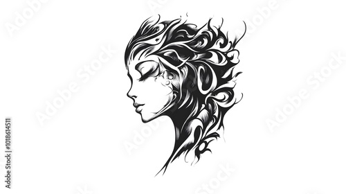 Creative tattoo. Woman s face silhouette in backlight. Vector. Illustration. Head young woman hair outline only, silhouette, girl, woman for tattoo