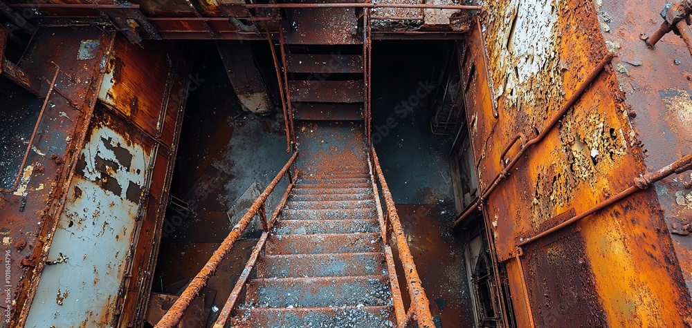 Obraz premium Rusty metal staircase leading down into dark, abandoned space.