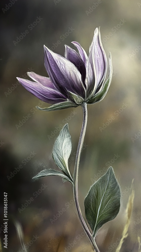 Fototapeta premium Purple Flower with Green Leaves - Delicate Floral Art