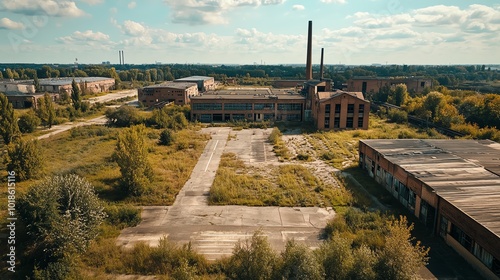 Aerial view of abandoned brick factory with overgrown vegetation.
