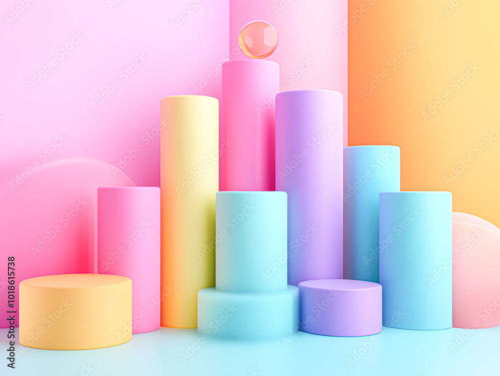 A colorful stack of cylinders with a ball in the middle A colorful stack of cylinders with a ball in the middle