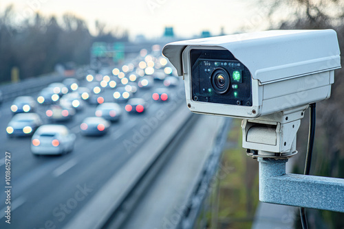 A camera is mounted on a pole on a busy highway