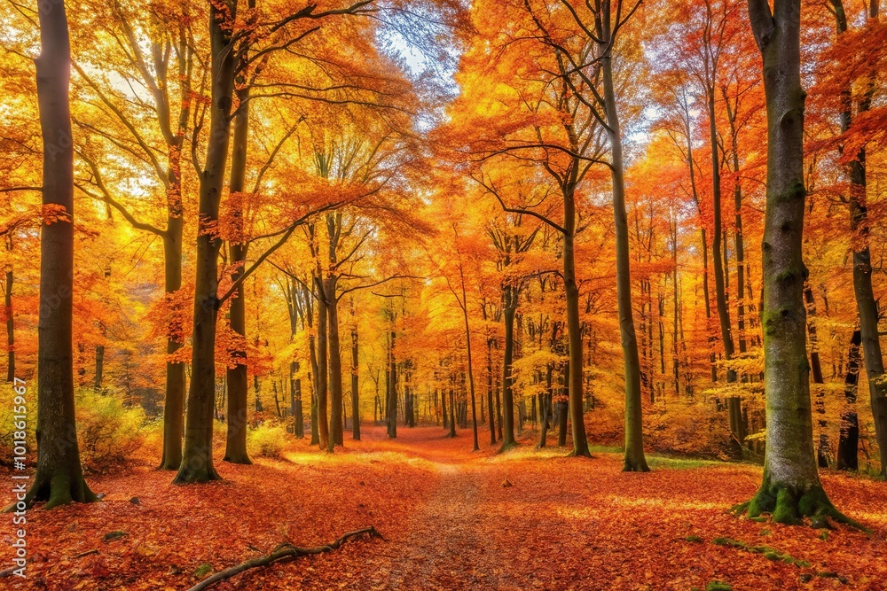 Autumn forest scenery with orange and yellow leaves Autumn forest scenery with orange and yellow leaves