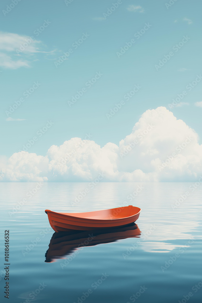 orange rowboat in the middle of an ocean, surrounded by clouds. Photo-realistic landscapes, calm water reflections, and minimalist backgrounds. orange rowboat in the middle of an ocean, surrounded by clouds. Photo-realistic landscapes, calm water reflections, and minimalist backgrounds.