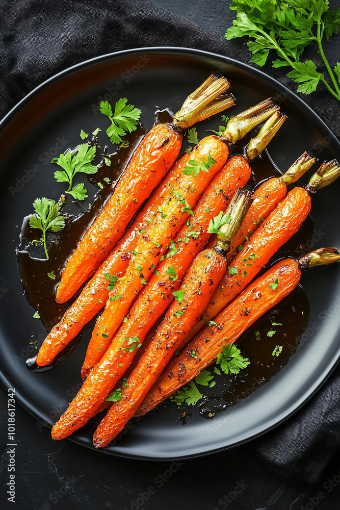 Roasted carrots with honey and coriander, on a black plate, food photography, top view Roasted carrots with honey and coriander, on a black plate, food photography, top view