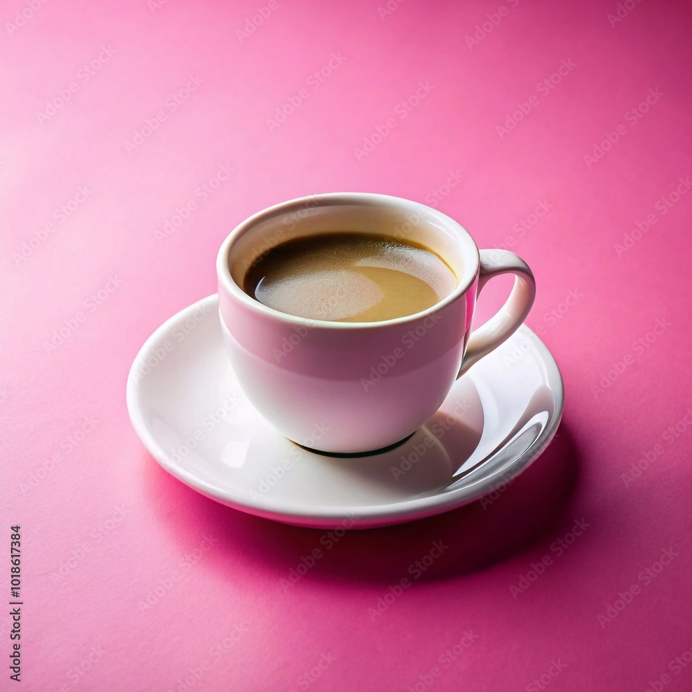 Coffee in a white cup standing on a pink surface. Side view. Coffee in a white cup standing on a pink surface. Side view.