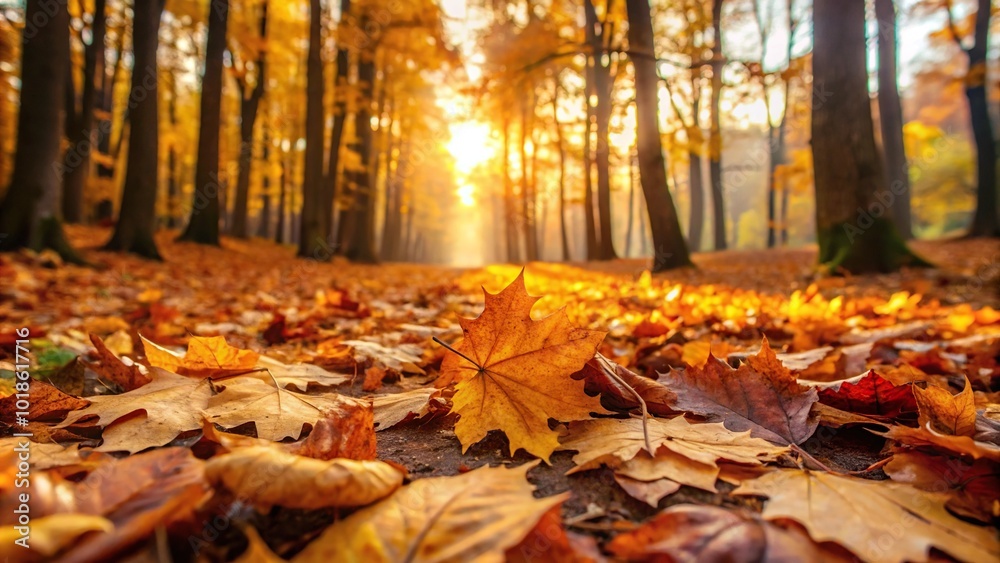 Autumn leaves on ground in forest reflected in water Autumn leaves on ground in forest reflected in water