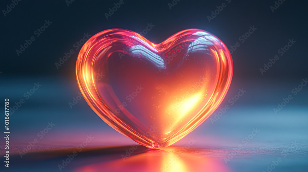 A heart made of glass is lit up with a warm glow A heart made of glass is lit up with a warm glow