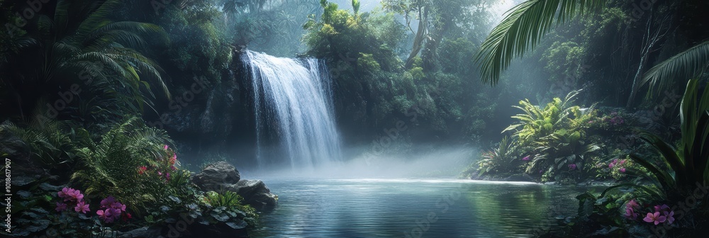 Obraz premium Tropical rainforest waterfall in the jungle landscape. Fantasy Scenery.