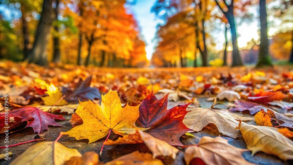 Autumn leaves scattered on the ground with a worm's eye view Autumn leaves scattered on the ground with a worm's eye view