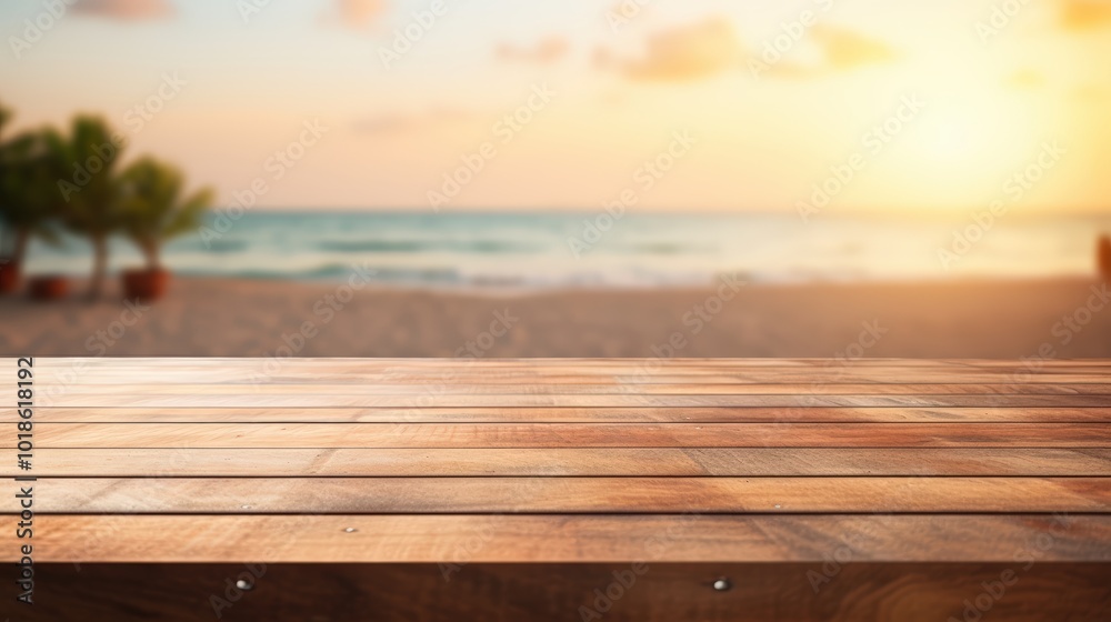 Wooden table top with blurred background of beach and palm trees at sunset. summer vacation concep Wooden table top with blurred background of beach and palm trees at sunset. summer vacation concep