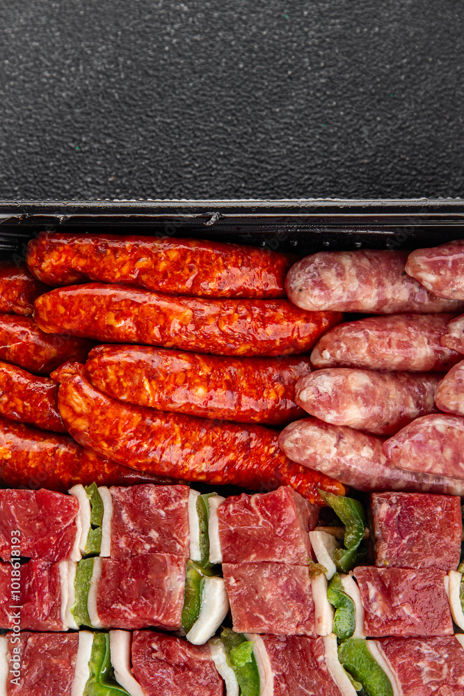 meat sausage assorted juicy pork, beef fresh gourmet food background on the table rustick food top view copy space meat sausage assorted juicy pork, beef fresh gourmet food background on the table rustick food top view copy space