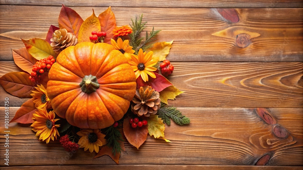Autumn pumpkin decoration with leaves and flowers Autumn pumpkin decoration with leaves and flowers