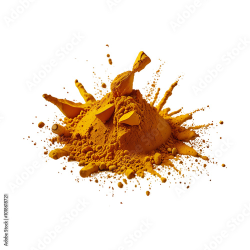 Turmeric powder pile scattered isolated on transparent background, flying Yellow powder explosion or splash on a transparent background. Ai generative
