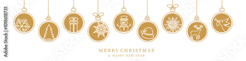 Christmas ball golden icon. Christmas card with holidays decoration.Christmas balls  border . Marry Christmas and Happy New Year background.