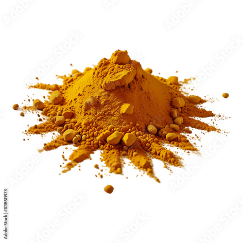 Turmeric powder pile scattered isolated on transparent background, flying Yellow powder explosion or splash on a transparent background. Ai generative