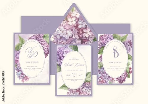 Luxury wedding invitation card background with watercolor flowers lilac.