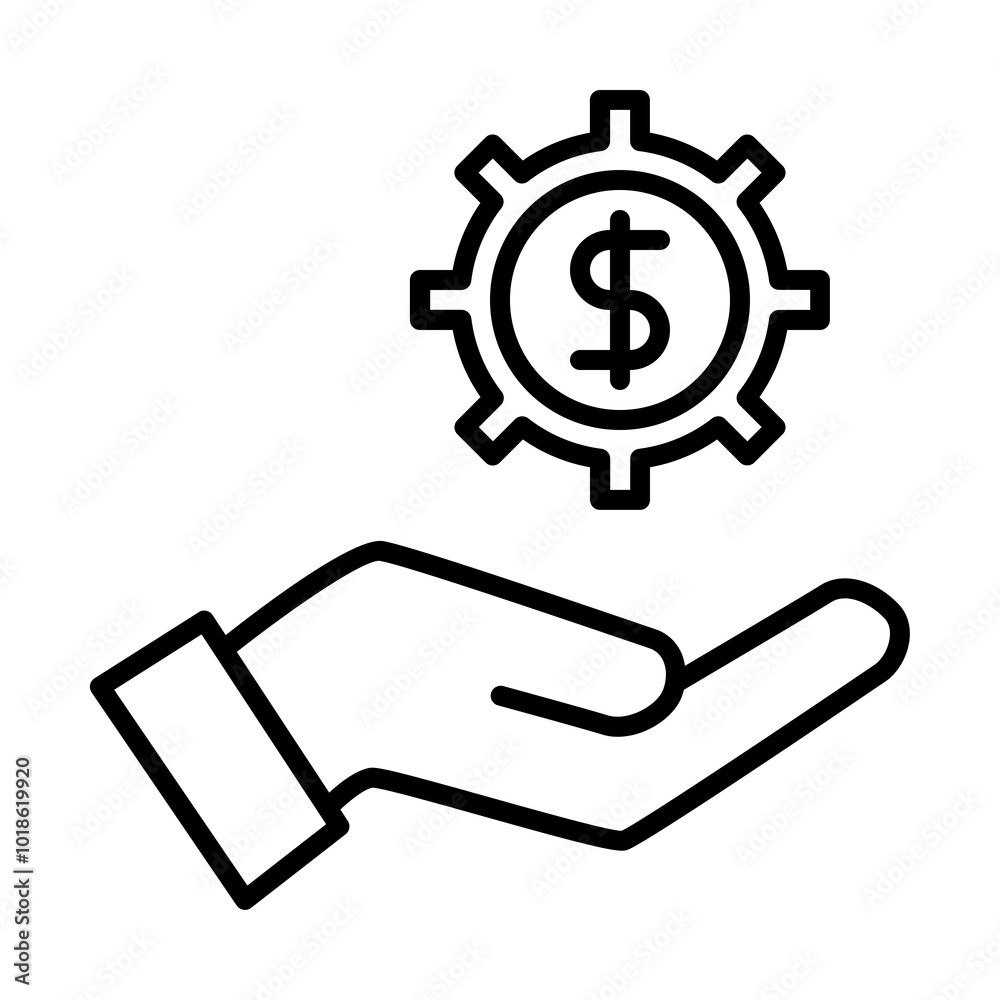 Minimalist vector of a hand offering services, with a gear and dollar symbol representing financial services.