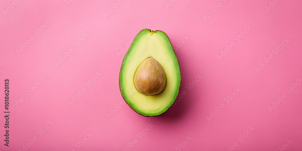 Avocado half on pastel pink background flat lay Avocado half on pastel pink background flat lay
