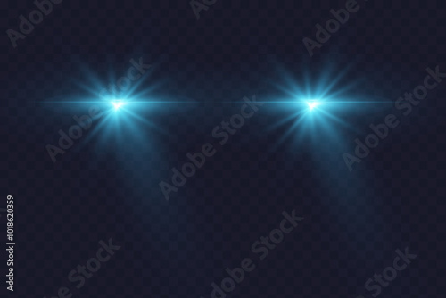Cars light effect. White glow car headlight bright beams ray isolated on transparent background
