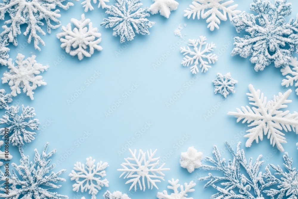 A serene winter wonderland crafted with delicate snowflakes and shimmering ornaments on a tranquil blue backdrop A serene winter wonderland crafted with delicate snowflakes and shimmering ornaments on a tranquil blue backdrop
