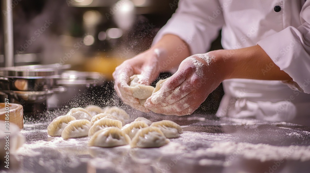 Artisan Chef Preparing Fresh Dumplings in Kitchen Artisan Chef Preparing Fresh Dumplings in Kitchen
