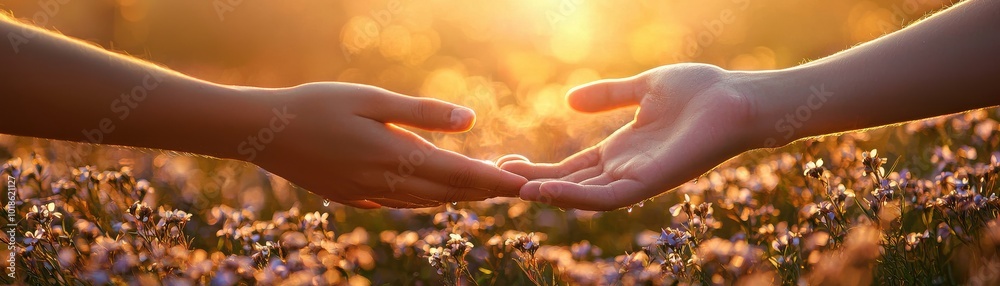 Hands reaching out in a field of flowers during sunset, symbolizing connection. Hands reaching out in a field of flowers during sunset, symbolizing connection.