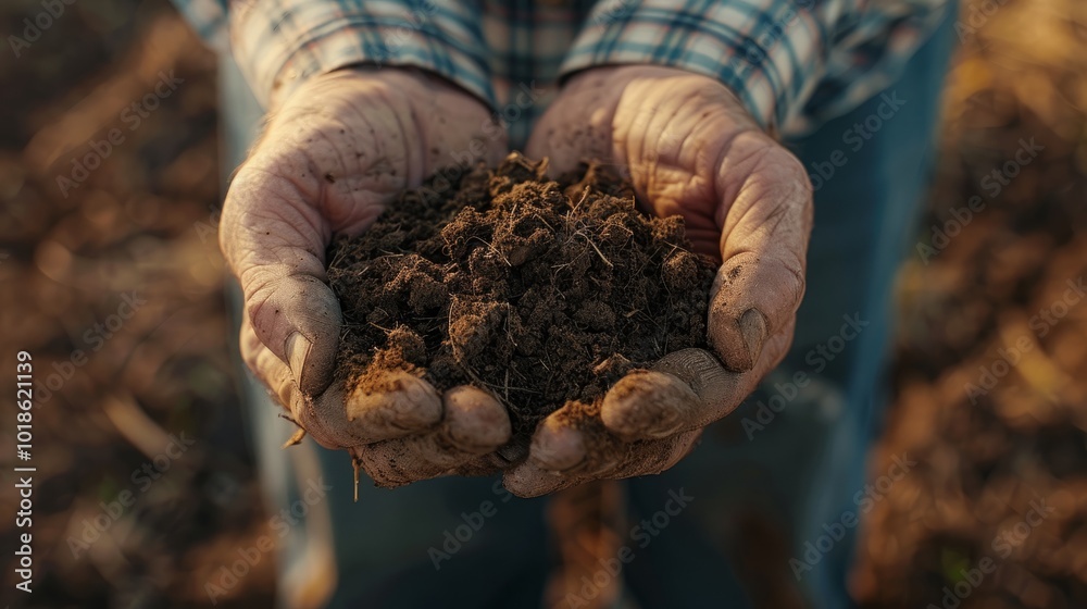 Close-up of a farmer's hands holding rich, dark soil. Close-up of a farmer's hands holding rich, dark soil.