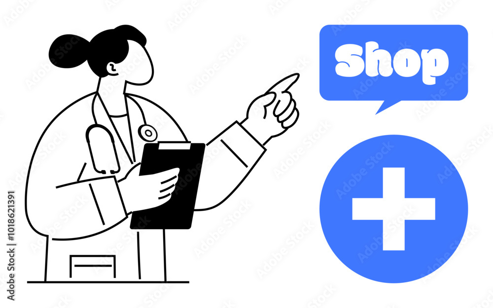 A medical professional holding a clipboard points towards a blue speech bubble containing the word Shop, next to a blue medical cross symbol Ideal for themes healthcare online pharmacy medical A medical professional holding a clipboard points towards a blue speech bubble containing the word Shop, next to a blue medical cross symbol Ideal for themes healthcare online pharmacy medical