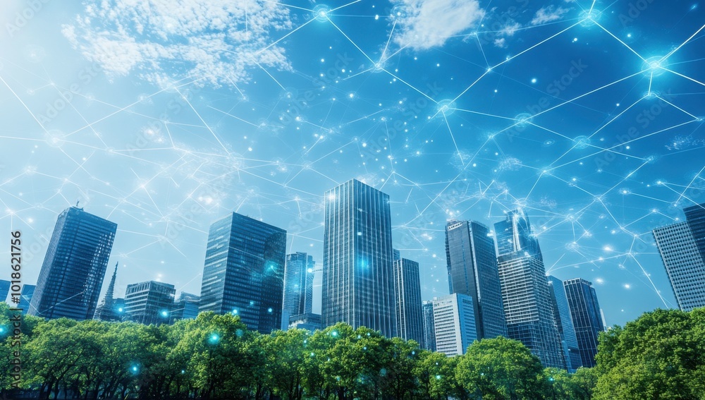 Obraz premium A wide-angle shot of the city skyline, with network connections and data streams symbolizing global connectivity, under a blue sky In front is an urban office building Generative AI
