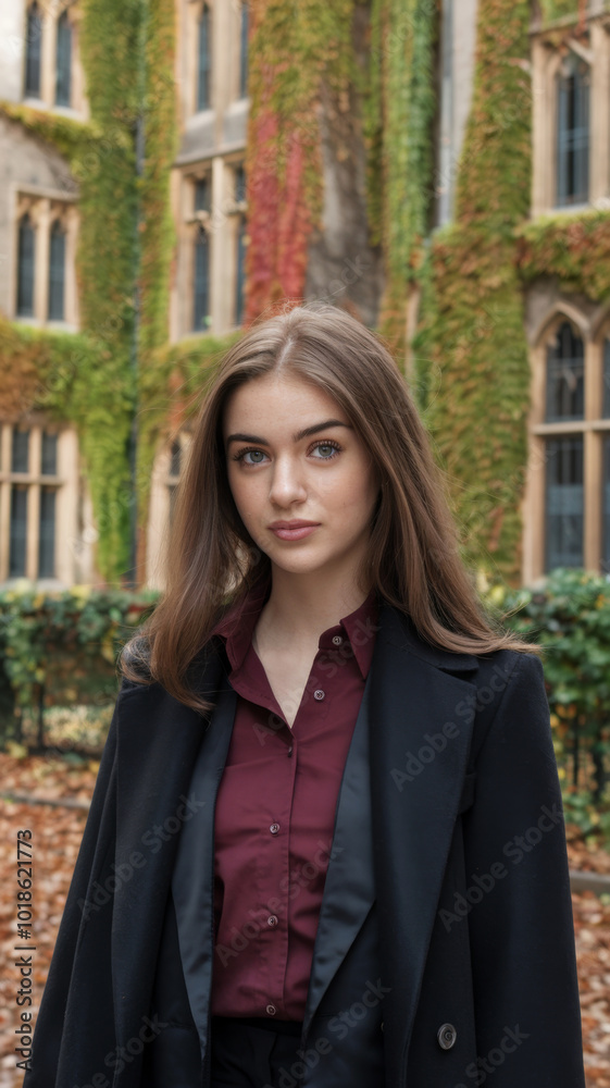 A woman with brown hair standing outdoors, wearing a red shirt and black coat, with ivy-covered building in the background. Concept of autumn fashion. A woman with brown hair standing outdoors, wearing a red shirt and black coat, with ivy-covered building in the background. Concept of autumn fashion.