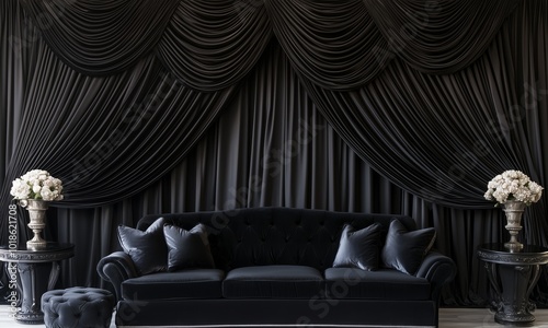 Opulent Black Velvet Drapery Backdrop with Soft Illumination for Luxurious Ambiance Sofa Cushion 