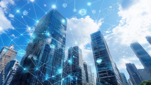 A wide-angle shot of the city skyline, with network connections and data streams symbolizing global connectivity, under a blue sky In front is an urban office building Generative AI