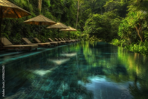 Luxurious Jungle Pool in Bali with Serene Reflections. AI generated illustration