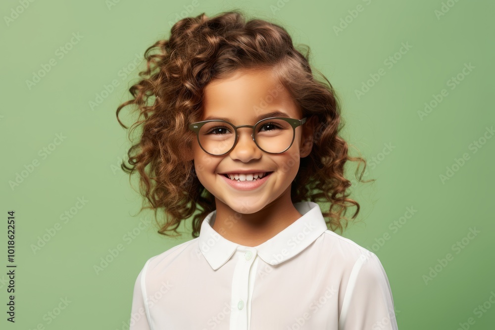 smiling little girl in eyeglasses and white shirt over green background smiling little girl in eyeglasses and white shirt over green background