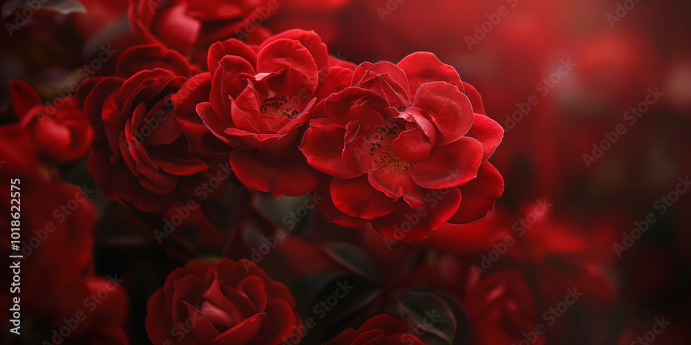 Naklejka premium Vibrant Red Roses in Bloom Captured with Soft Focus and Dramatic Lighting