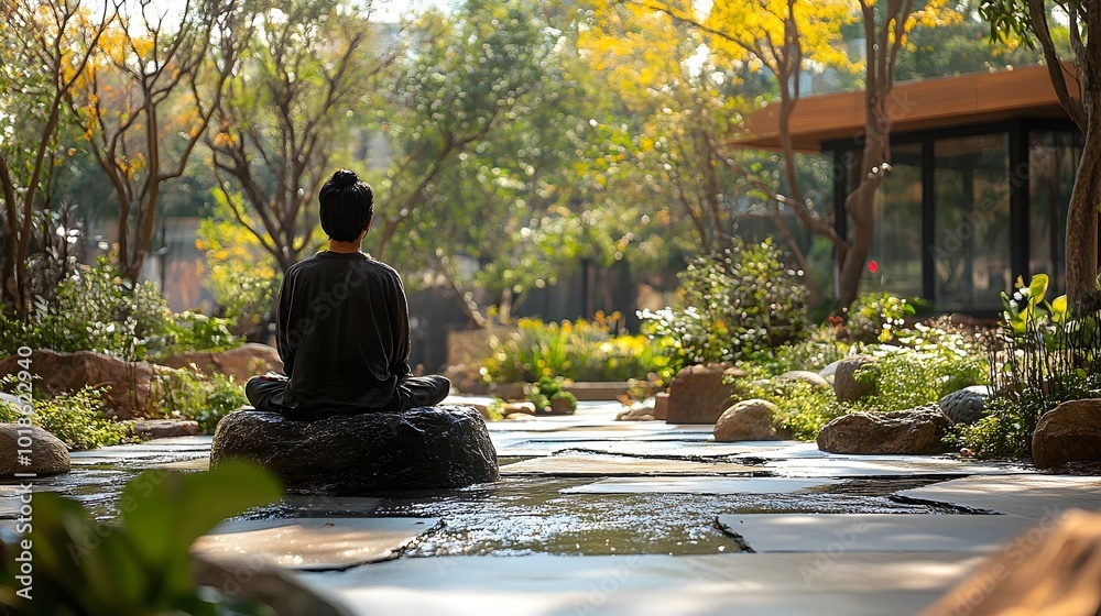 Person meditating in a tranquil Zen garden Person meditating in a tranquil Zen garden