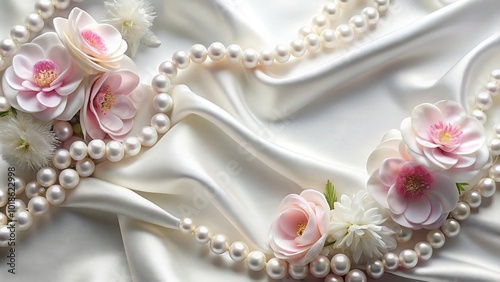 Fototapeta Naklejka Na Ścianę i Meble -  Background with flowers and pearls on white satin
