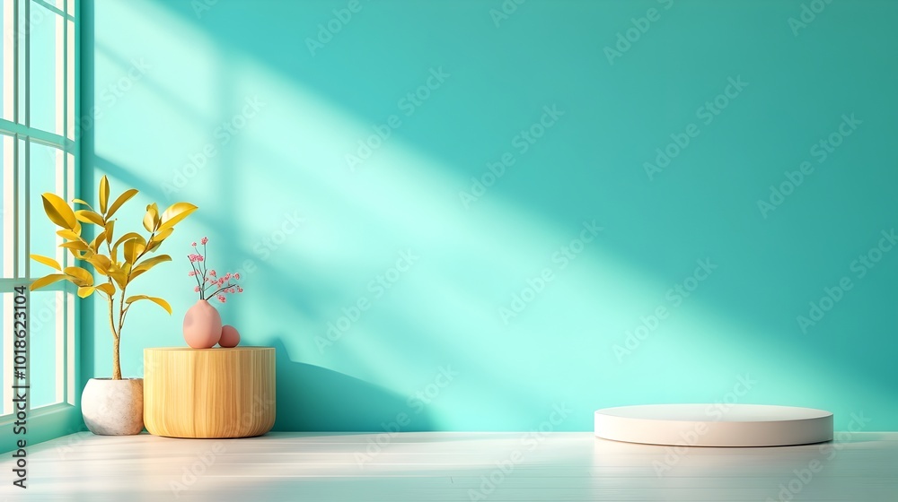 Refreshing aqua toned 3D studio room with empty floor wall and product podium Bright diffused daylight casts a soft shadow overlay from the window onto the countertop Refreshing aqua toned 3D studio room with empty floor wall and product podium Bright diffused daylight casts a soft shadow overlay from the window onto the countertop