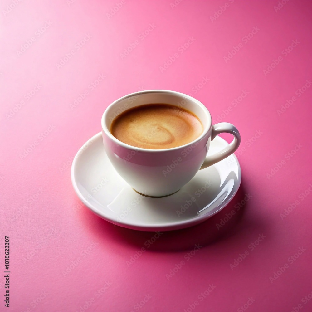 Coffee in a white cup standing on a pink surface. Side view. Coffee in a white cup standing on a pink surface. Side view.