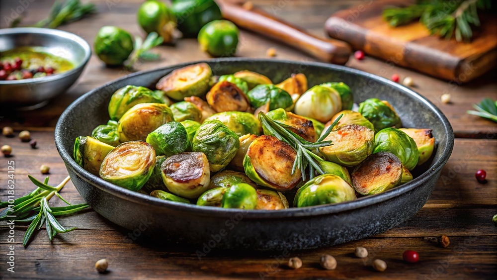 Baked brussels sprouts in frying pan from low angle view with rosemary and spices Baked brussels sprouts in frying pan from low angle view with rosemary and spices
