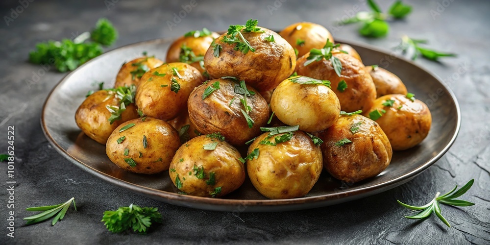 Baked potatoes with fresh herbs on gray background Baked potatoes with fresh herbs on gray background