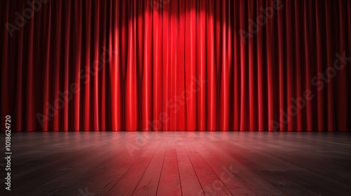 Red Velvet Curtain Stage: Dramatic red velvet curtains drawn back to reveal a spotlight illuminating the wooden stage floor, setting the scene for a performance, presentation, or grand reveal.   photo