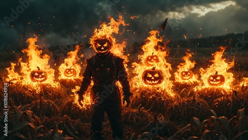 Menacing scarecrow figure in twilight cornfield with jack o lanterns ablaze