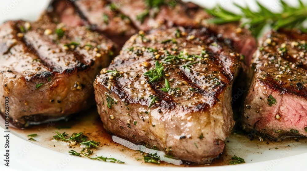 Grilled Steak with Herbs and Spices on Plate Grilled Steak with Herbs and Spices on Plate